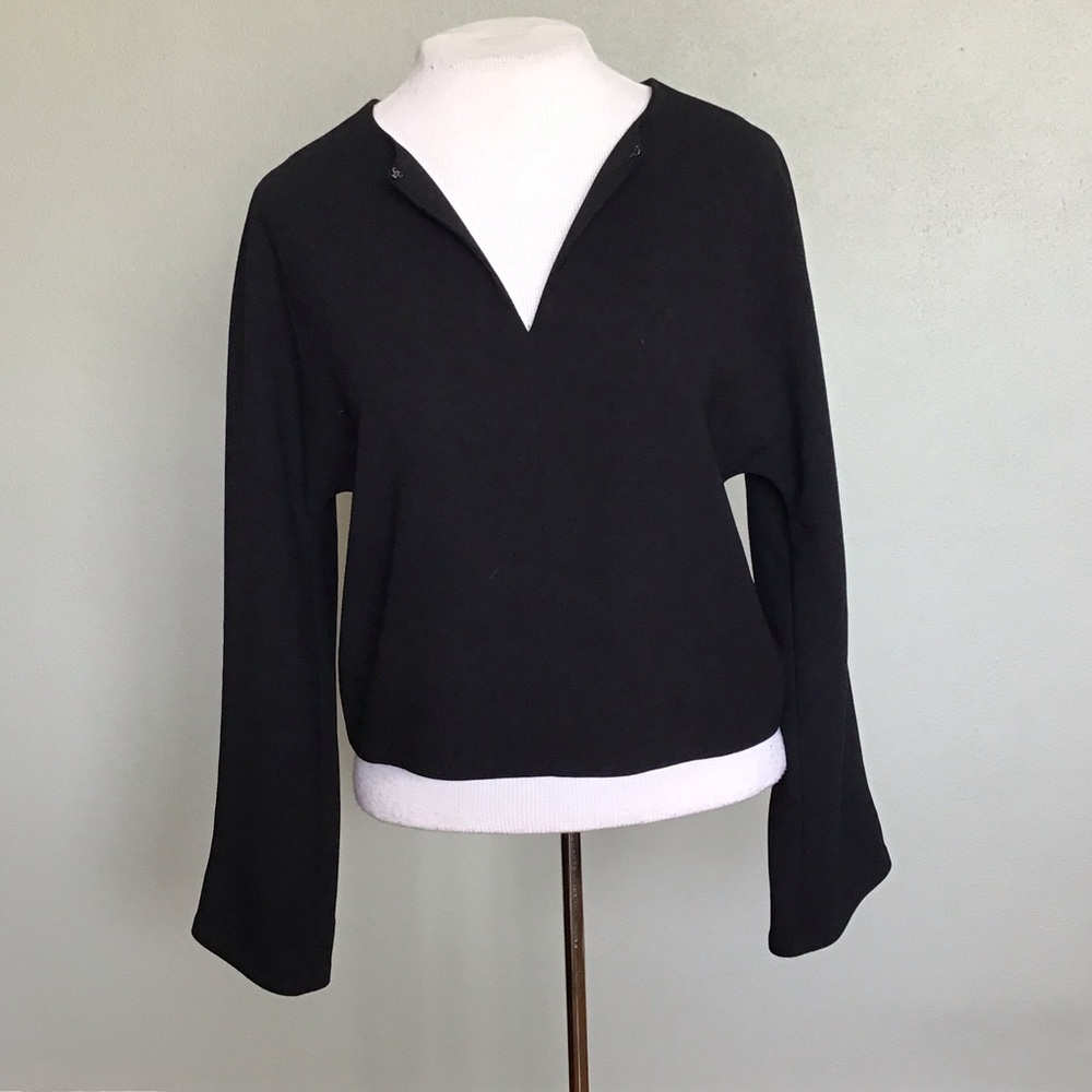 J. Crew 365 Black Crepe Split V-Neck Keyhole Long Bell Sleeve Top Size 4
